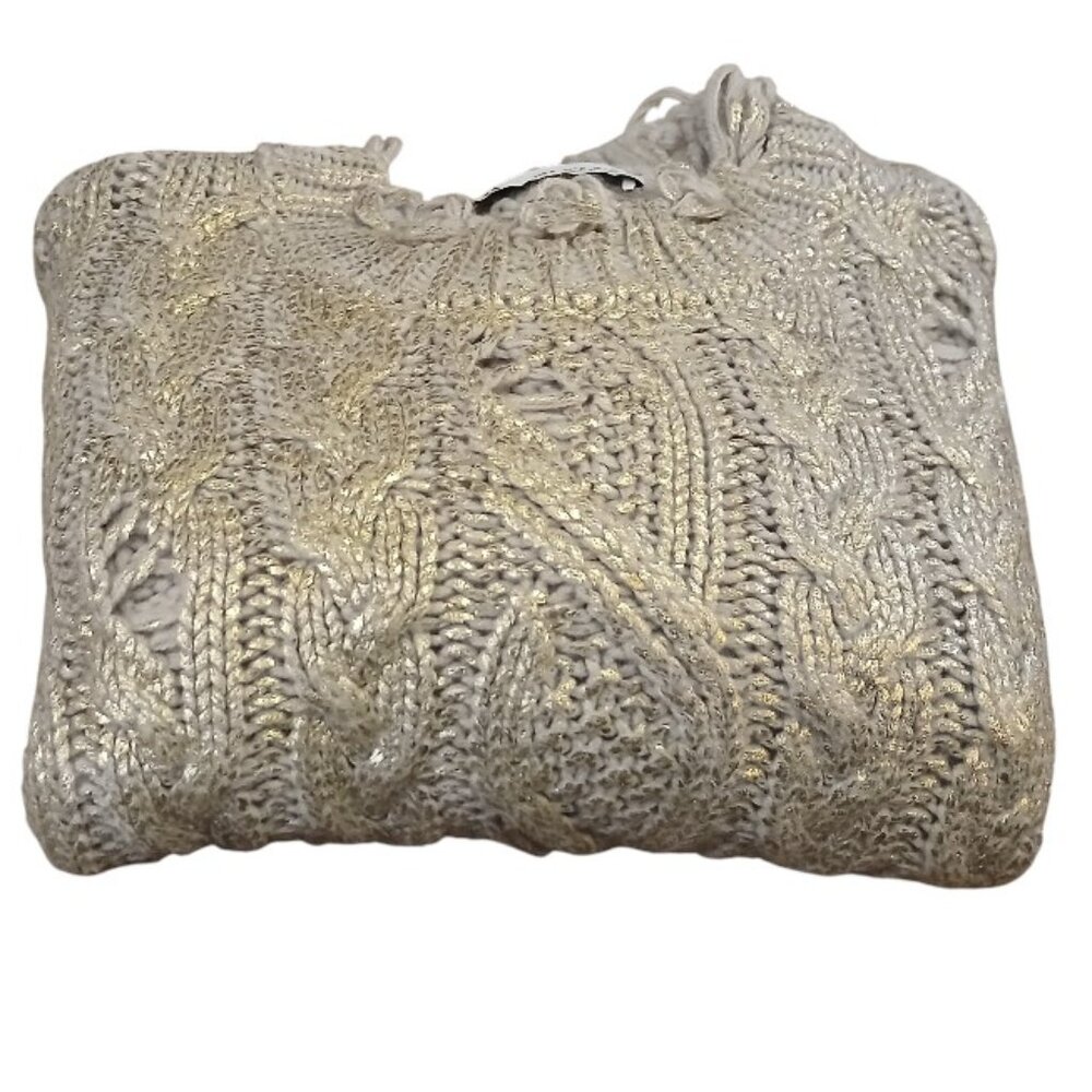 ZARA Cream with Metallic Gold Shimmer Wool Blend Crop Crew Cable Knit Sweater - Picture 11 of 12